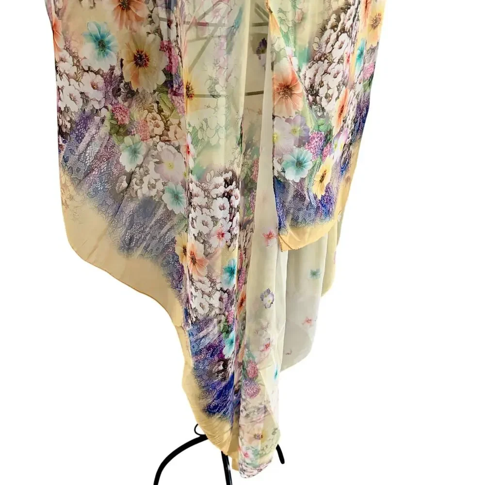 Impressionist Floral  !00% Silk Large Scarf Wrap Shawl Yellow Cottage  56 x 54